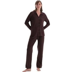 Dagi Dames lange mouw satijnen been gedetailleerde shirt broek pyjama pak pyjama set, donkerbruin, XL