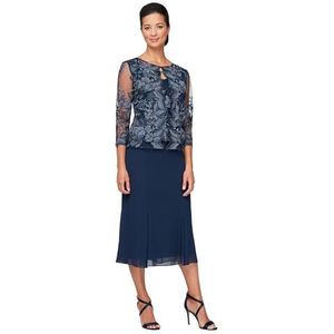 Alex Evenings Women's Tea Length Mock Jacket Dress with Button Front, Navy Lace, 14