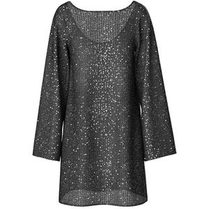 Midi-jurk - Zwart - Little Black Dresses - Lange Mouwen - Ronde Hals - Glitter