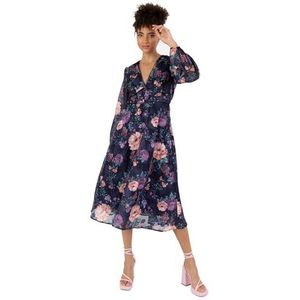 Anaya with Love Dames Dames Dames Lange Mouwen V-hals Bloemenprint A-lijn voor Bruiloft Guest Avond Gelegenheid Feestjurk, Donkerblauw, 44