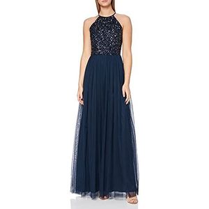 Maya Deluxe Maxi-jurk voor dames, bruidsmeisje, halterjurk, pailletten, versierd, eindexamenfeest, bruiloft, marineblauw, 34