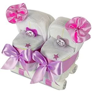 dubistda© luiertaart tweelingen luierwagen roze / 25-delig/tweelingwagen - cadeau voor tweelingen meisjes incl. twee babyslabbetjes en fopspenen + wenskaart