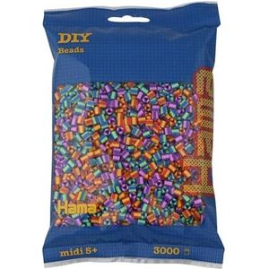 Hama Perlen 201-92 strijkkralen zak met ca. 3.000 kleurrijke midi knutselkralen met een diameter van 5 mm in een mix gestreept, creatief knutselplezier voor groot en klein