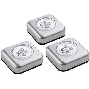 MÜLLER-LICHT 400136, LED batterij-druklamp set van 3 inclusief kleefpad en 3 stuks AAA-batterijen, plastic, 0,5 watt, zilver, 6,8 x 6,8 x 2,5 cm