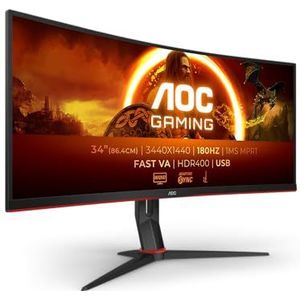 AOC Gaming CU34G2XPD - 34 inch WQHD Curved Monitor, 180 Hz, 1ms, FreeSync Premium (3440 x 1440, HDMI, DisplayPort, USB Hub) zwart/rood