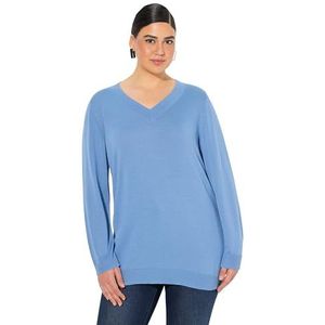 Ulla Popken Damestrui, grote maten, plus size, V-hals, lange mouwen, zacht fijn gebreid, Lichte korenbloem, 62/64 NL