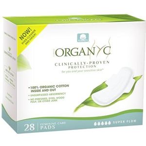 Organyc Nieuwe en verbeterde 100% gecertificeerd biologisch katoen 's nachts vrouwelijke pads, zwaarste stroom, super absorptievermogen, 28 stuks