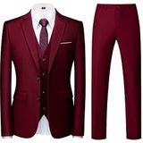 Mannen, Pakken, driedelig, Slim Fit, Single Breasted, Twee Knoppen, Bruiloft, Smoking, Pak, Blazer, Vest, Broek, Bordeaux, S