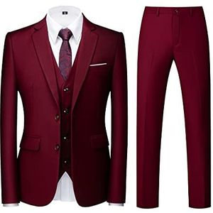 Mannen, Pakken, driedelig, Slim Fit, Single Breasted, Twee Knoppen, Bruiloft, Smoking, Pak, Blazer, Vest, Broek, Bordeaux, S