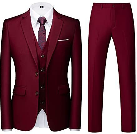 Mannen, Pakken, driedelig, Slim Fit, Single Breasted, Twee Knoppen, Bruiloft, Smoking, Pak, Blazer, Vest, Broek, Bordeaux, S