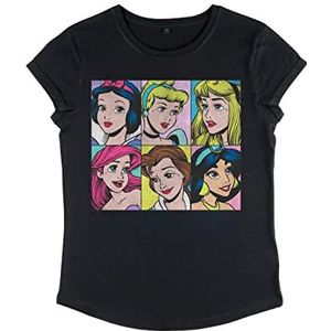 Disney Dames Pop Princesses Organic Rolled Sleeve T-Shirt, Zwart, L, zwart, L