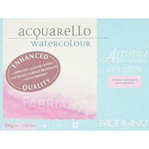 Fabriano Artistico Acquarello Waterverf, natuurlijk wit, gesatineerd hot geperst, 23 x 30,5 cm, 20 vellen 300 g/m², hoogwaardig kunstenaars-aquarelkarton, blok 4-zijdig gelijmd, veganistisch