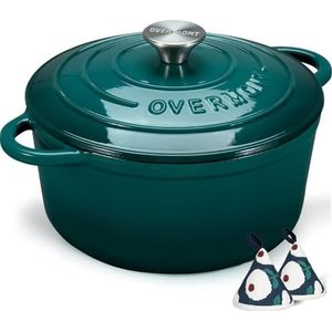 Overmont Braadpan van emaille gietijzer, stoofpan, 26 cm, geschikt voor de oven, met deksel en kookboek, voor keuken, bakken, smoren, braden, zeeblauw