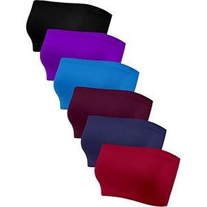 6 stuks strapless bandeau-beha naadloze bralettes buisbeha rekbare niet-gewatteerde bandeaubuis top beha voor vrouwen, Zwart, Paars, Meerblauw, Paarsrood, Marineblauw, Bourgondië, XL
