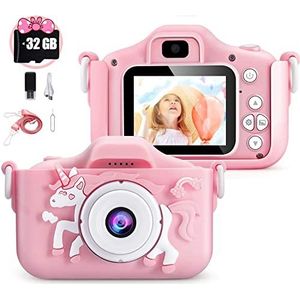 Kindercamera met zachte siliconen cartoonhoes, kinderen vanaf 4, 5, 6, 7, 8 jaar, met 32 GB SD-kaart, 2,0 inch scherm, 1080p HD, 20 MP, kindercamera voor jongens en meisjes als speelgoed, cadeaus