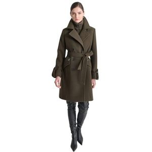 DKNY Dames Zip Front Belted Wrap Coat, Loden, X-Large, loden, XL