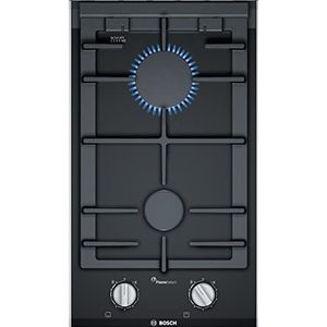 BOSCH PRB3A6B70D Domino-gaskookplaat serie 8, zelfvoorzienend gasfornuis 30 cm breed, FlameSelect, vaatwasserbestendige pannendrager, 1-hand-ontsteking, geborsteld aluminium, zwart