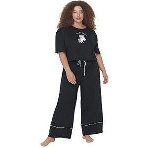 Trendyol Dames met slogan gebreide T-shirt-broek plus grootte pyjama set, Zwart, 3XL grote maten