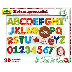 Lena 65822 Houten magneetbord, met magnetisch bord, ca. 44 x 38 cm, 26 magneetletters en 10 magneetniveaus, houten magneetbord voor kinderen vanaf 3 jaar, leerset met letters met afbeeldingen