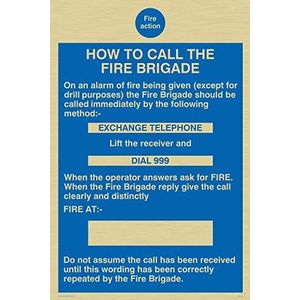 Viking Signs MF324-A4P-G ""Fire Action How To Call The Fire Brigade"" bord, kunststof, stijf goud, 300 mm H x 200 mm W