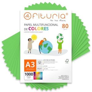 Kleurpapier, verpakking met 1000 vellen A3, 80 g, kleurrijk papier voor knutselwerk, printer, scrapbooking, ideaal voor origami, Papyroflexia, kantoor en school (groen, 1000 h)
