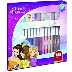 Multiprint Disney Princess, 8660, 2 stempels voor kinderen en 18 kleurpotloden, gemaakt in Italië, stempelset voor kinderen, van hout en natuurlijk rubber, wasbaar, niet giftig, cadeau-idee