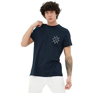 Trendyol Heren Navy Blue mannelijke regel ronde kraag korte mouwen print T-shirt, groot