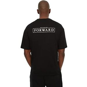 Trendyol Men's Black T-shirt voor heren, ontspannen pasvorm, ronde kraag, korte mouwen, slogan-print, klein