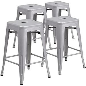 Flash Furniture 4 pak Commerciële Grade 24 inch Hoge Backless Zilveren Metaal Binnen-Outdoor Teller Hoogte Kruk met Vierkante Seat