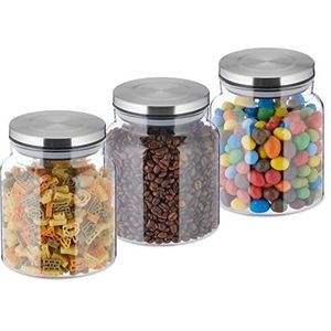 Relaxdays voorraadpot met deksel - set van 3 - glazen bewaarpotten - pastapotten 1100 ml