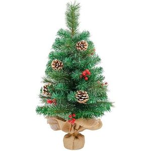 Kunstkerstboom, 60 cm, met dennenappels, rode bessen, groene dennenbladeren, 70 punten, linnen, katoen en cementbasis, voor kerstdecoraties