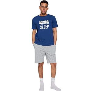 Trendyol Man Met Slogan Dunne Geweven T-shirt-Korte Pyjama Set, Blauw, L