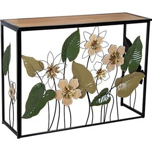 DRW Consoletafel van metaal en hout met bloemen, aarde en groentinten, 37 x 108 x 80 cm