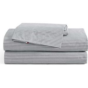 Tommy Hilfiger - Lakenset, katoenen percal beddengoed met bijpassende kussenslopen, knapperig en cool, premium kwaliteit Home Essentials (Highland Ticking Stripe Navy, Full)