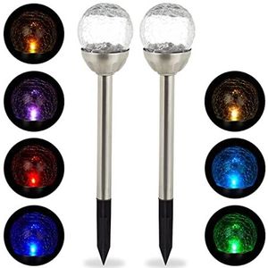 Relaxdays lichtbollen solar LED, set van 2, buitenlampen, kleurverandering, breukglas look, inclusief grondpen, zilver