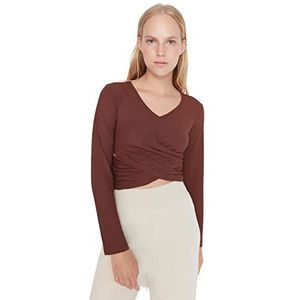 Trendyol Dames Loungewear Getailleerde Standaard V-hals Gebreide Blouse, Kameel, S