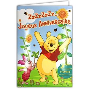Disney wenskaart voor verjaardag Winnie de beer The Pooh bloemen met glitter en envelop geel oranje party kinderen dieren varkentje biggetje bijen honing zonnebloem illustratie jeugd 120342