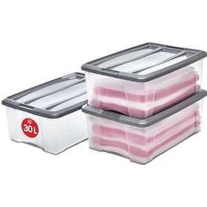 IRIS New Topbox Opbergbox - 30L - Kunststof - Transparant/Zilvergrijs - Set van 3