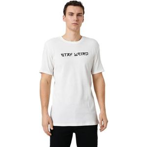Koton Heren Slogan Geborduurd Crew Neck T-shirt met korte mouwen, wit (000), L