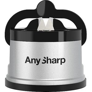 AnySharp Messenslijper, Handsfree Veiligheid, PowerGrip Zuigkracht, Veilig Slijpen van Alle Keukenmessen, Ideaal voor Gehard Staal & Kartel, Compact, Zilver