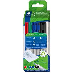 STAEDTLER Lumocolor, 316 C6-1, universele pen, niet-permanente wateroplosbaar, navulbaar, lijnbreedte 0,6 mm, gerecycled plastic, lange levensduur, 6 markers in verschillende kleuren