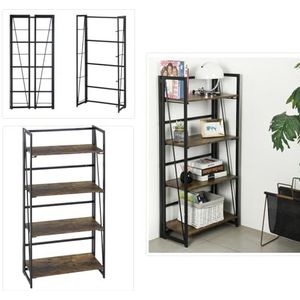 FurnitureR 4-tier opvouwbare bookcase, industrieel vrijstaand multifunctioneel decoratief opbergrek, rustiek houten metalen rek voor woonkamer en kantoor