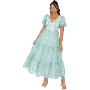 Maya Deluxe Midi-jurk voor dames, V-hals, korte pofmouwen, sleutelgat op de rug, bloemenborduurwerk, strik, A-lijn, voor bruiloft, gast, prom, Munt, 38