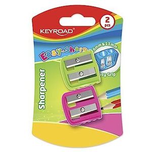 KEYROAD Ergonomische dubbele puntenslijper, 2 stuks, van kunststof, messen van staal, potloden en kleurpotloden, blisters, gemengde kleuren, voor kleuterschool, kleuterschool en school