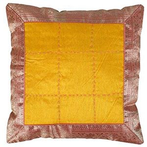 Rajrang Kantha handgemaakte kussensloop geel kunstzijde & Brokat Ezelstück kussensloop