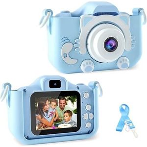 Digitale camera voor kinderen, 2,0 inch scherm, HD dual lens, digitale videocamera's met zachte siliconen cartoonhoes, kindercamera, selfie, fototoestel voor kinderen vanaf 4, 5, 6, 7, 8 jaar, blauw