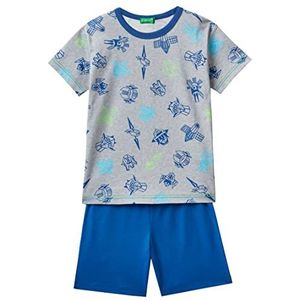 United Colors of Benetton Pig(T-shirt + short) 3M250P04J pyjamaset, meerkleurig patroon, grijs en blauw 64D, XS kinderen, Meerkleurig: grijs met patroon en blauw 64d, XS