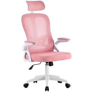 HOGAR24 ES Bureaustoel, ergonomische bureaustoel met inklapbare armleuningen, in hoogte verstelbaar, lendensteun, draaistoel voor computer met gevoerd zitkussen, roze