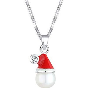 Elli damesketting met hanger, kerstmuts 925 sterling zilver,kristal rood zoetwaterparel