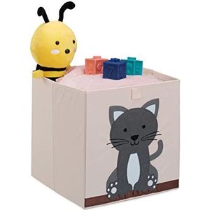 Relaxdays opbergmand kinderkamer, kat, HxBxD: 33 x 33 x 33 cm, opvouwbaar, speelgoedmand, stoffen opbergbox, beige/grijs